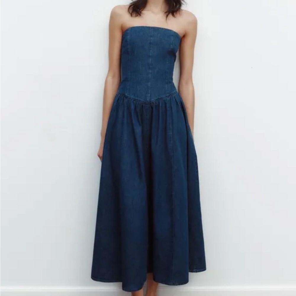 Zara Strapless Indigo Denim Midi Dress
